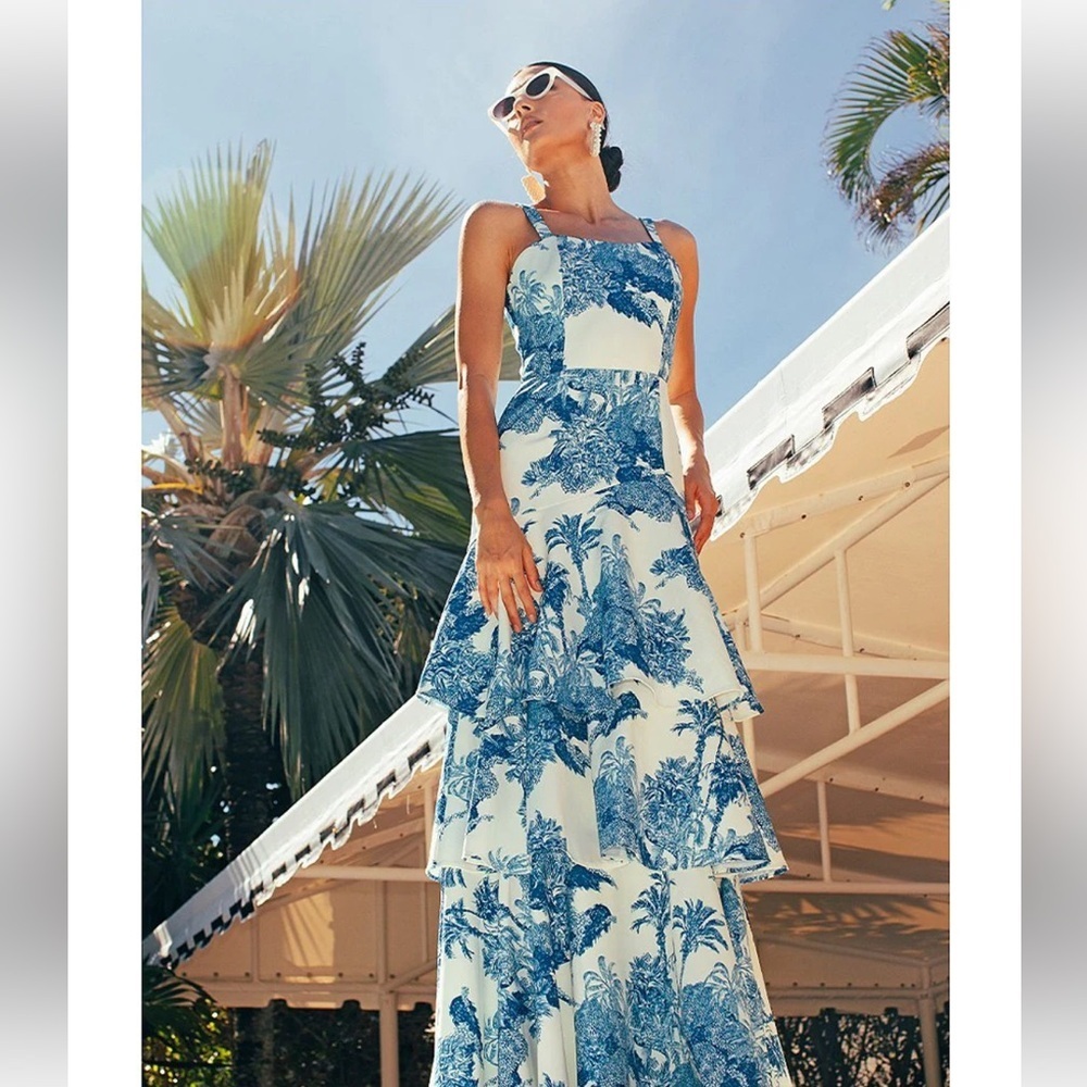 Mestiza New York Torero Tropical Palm Toile Print Tiered Ruffled Maxi Dress Sz 0
